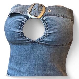 I am gia drew top denim buckle strapless tube crop top key hole